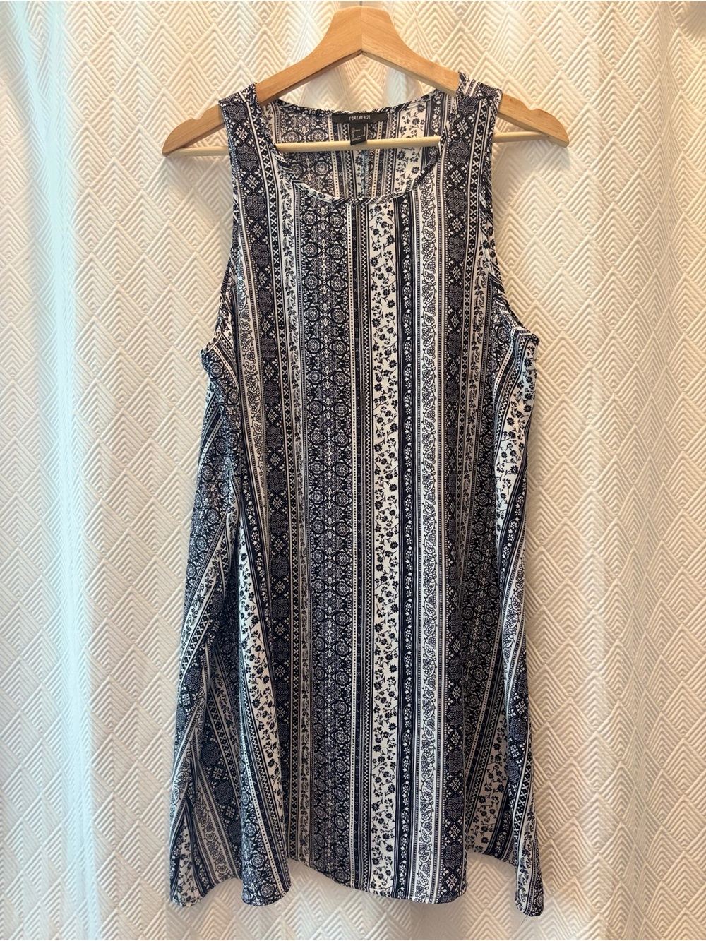 Blue and White Boho Print Sleeveless Swing Dress Size Large Summer Dress